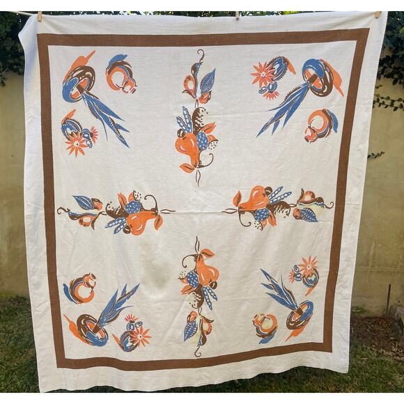 VTG Floral Card Table Tablecloth 1950's MCM Cottage Core - Picture 1 of 2